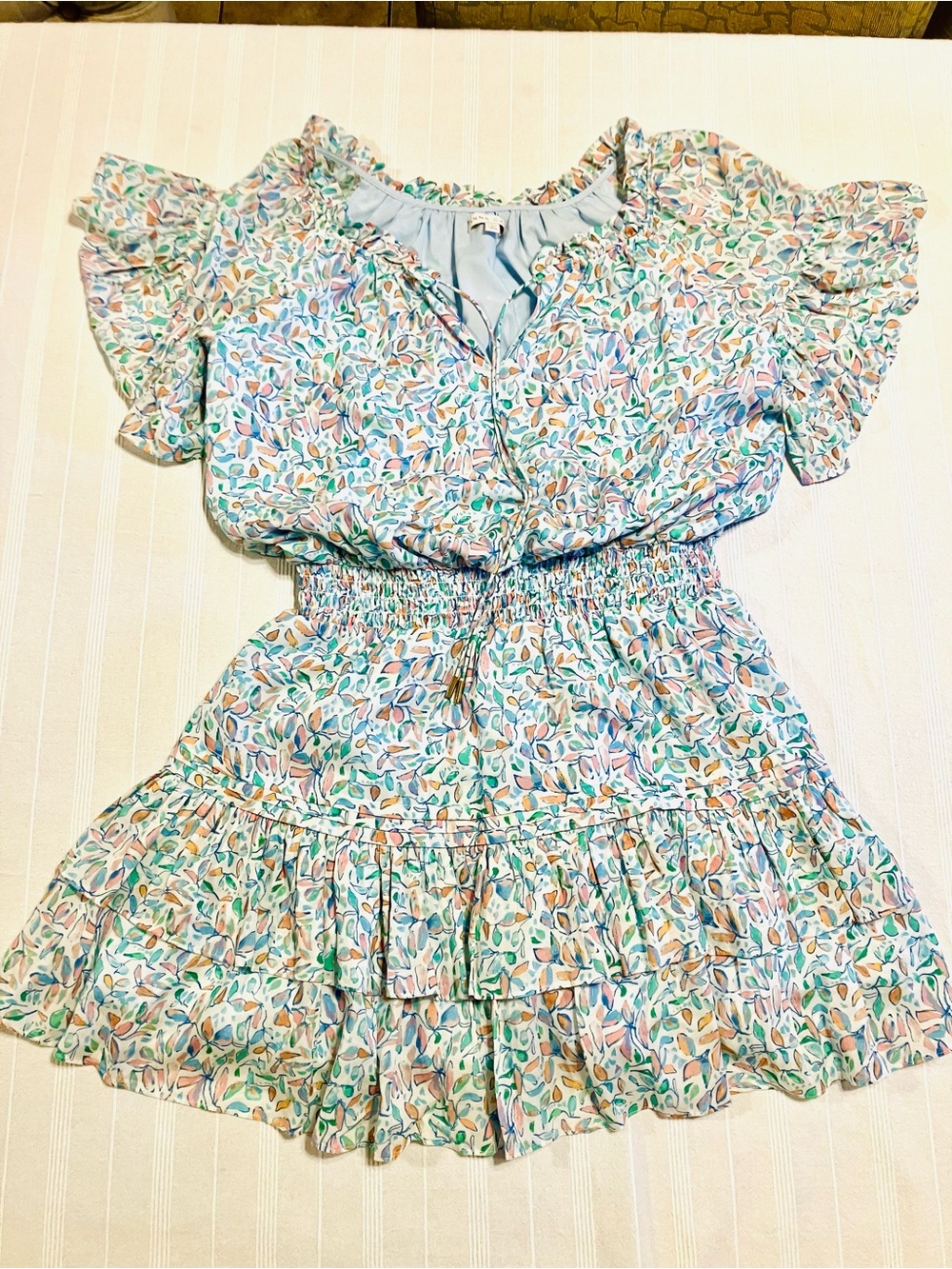 Anna Cate Kendall Floral Smocked Flutter Sleeve Tiered Mini Dress - Size Small